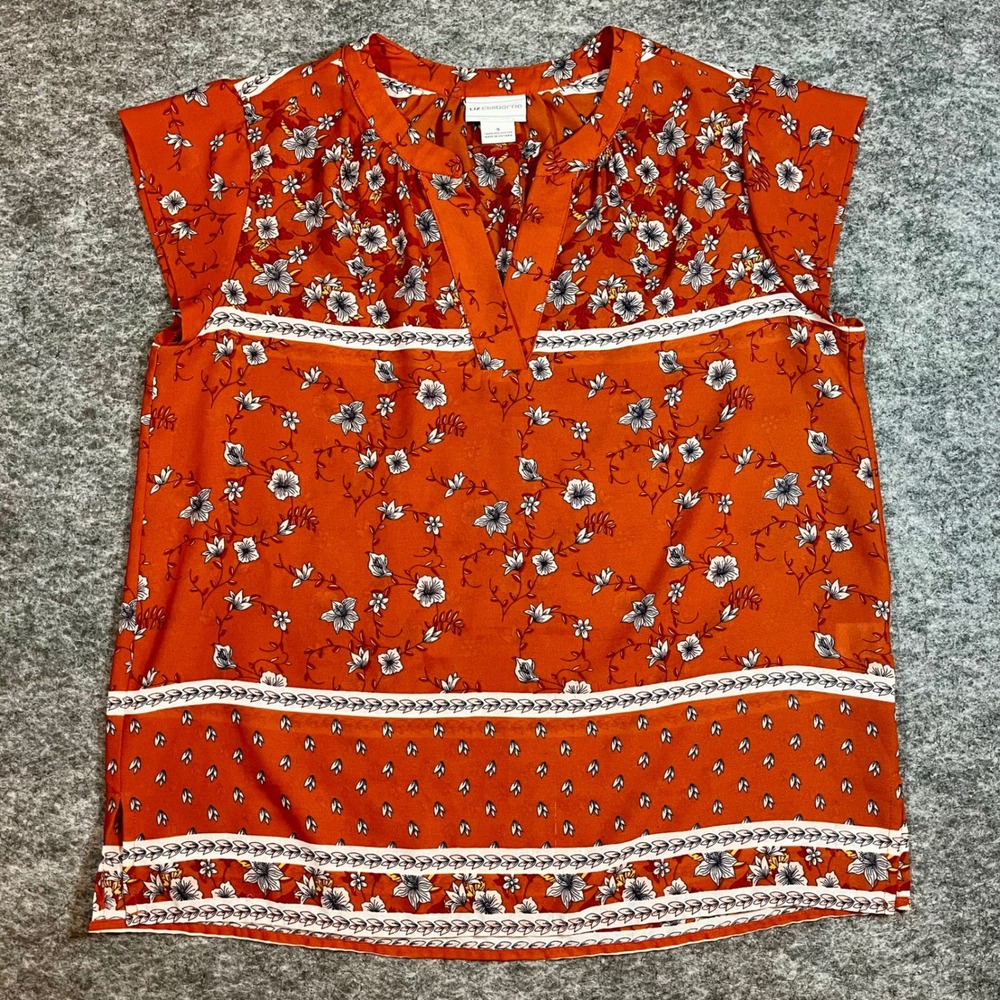 Liz Claiborne Blouse Womens Small Orange Floral Cap Sleeve V-Neck Boho Office